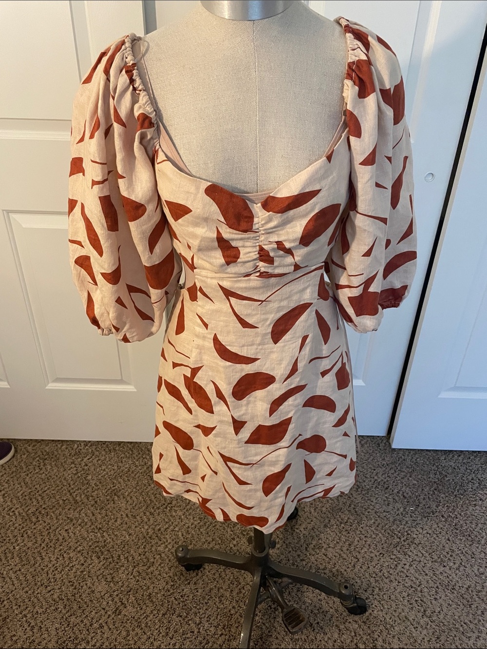 ASTR Cream 100% Linen Mini Dress with Rust Abstract Shapes